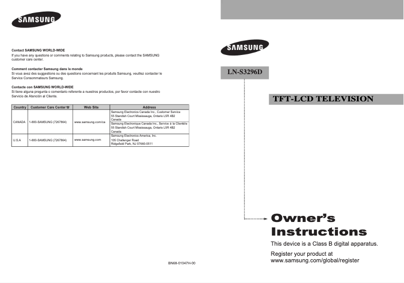 Page 1 de la notice Manuel utilisateur Samsung LN-S3296D