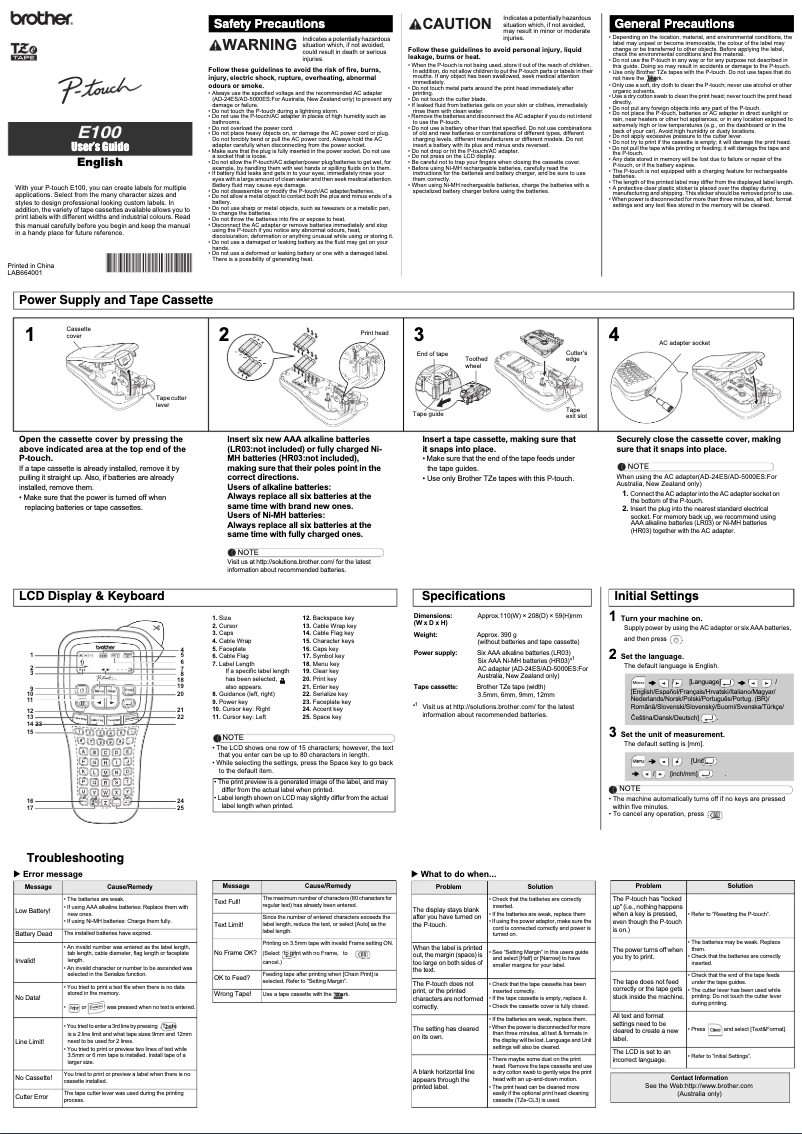 Page 1 de la notice Manuel utilisateur Brother P-touch PT-E100