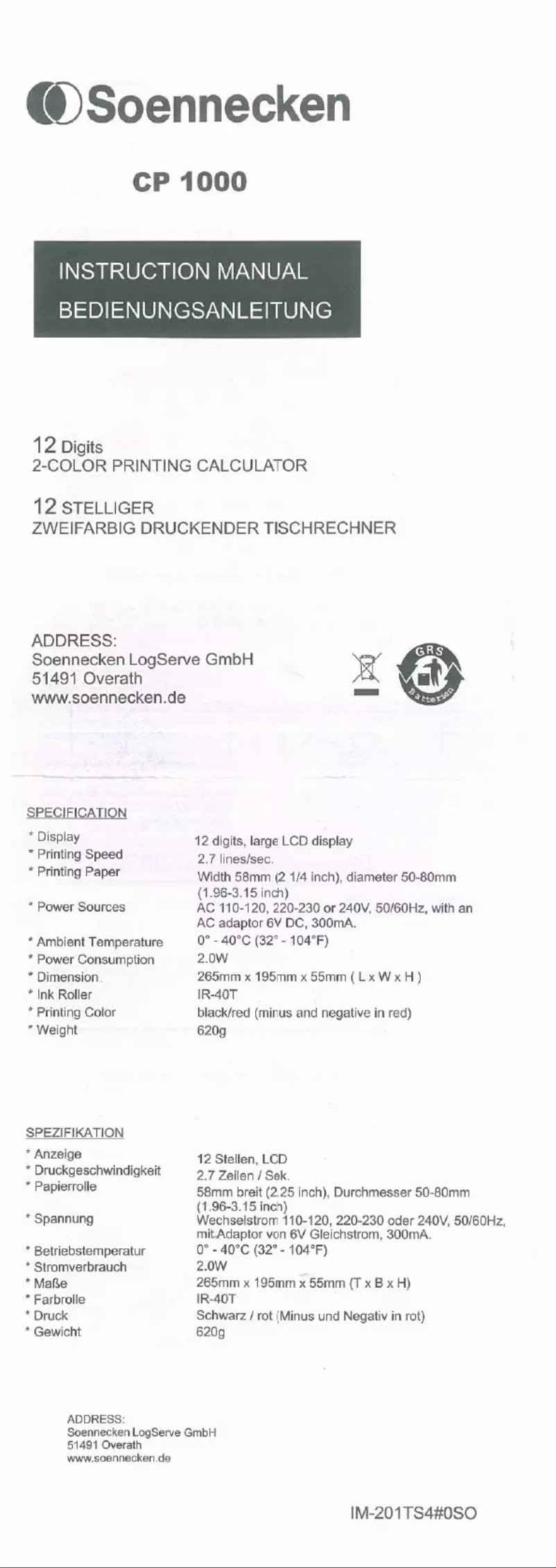 Page 1 de la notice Manuel utilisateur Soennecken CP1000