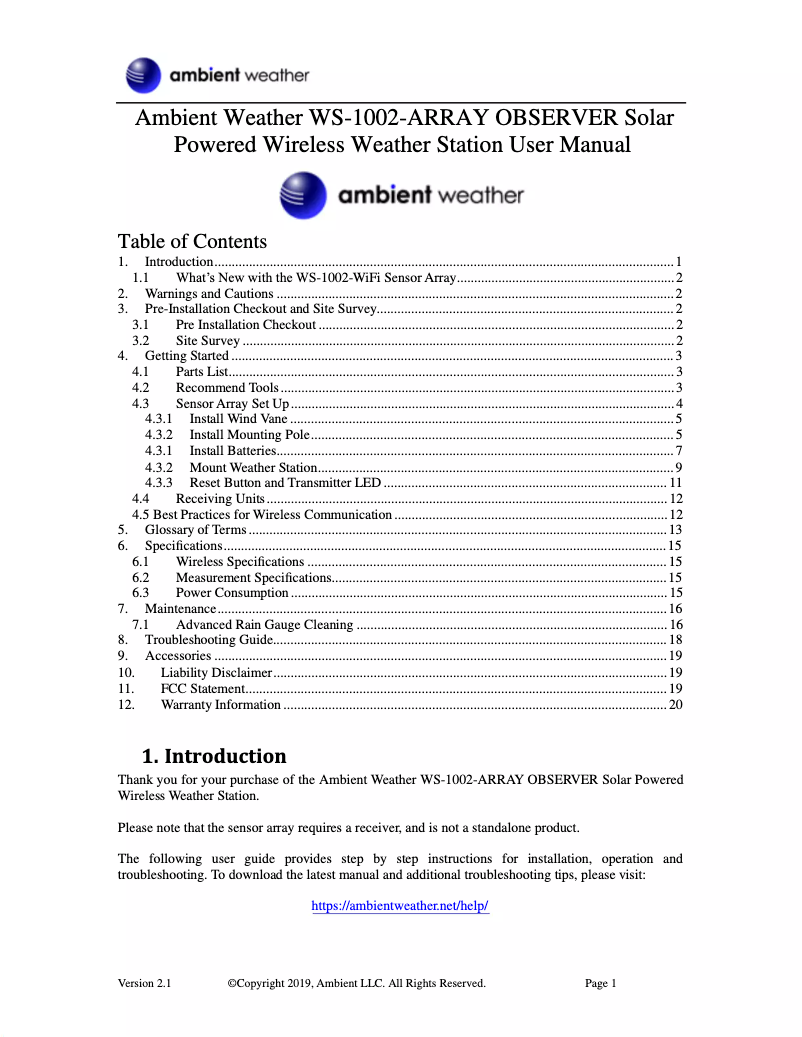 Page 1 de la notice Manuel utilisateur Ambient Weather WS-1002-WiFi
