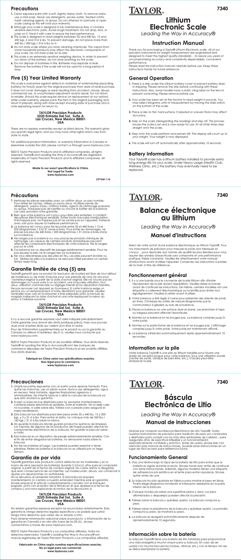 Page 1 de la notice Manuel utilisateur Taylor 7340