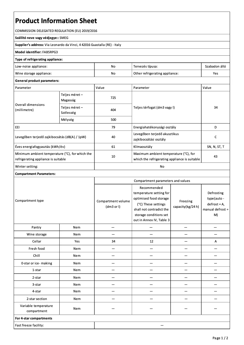 Page 1 de la notice Fiche technique Smeg FAB5RPG3