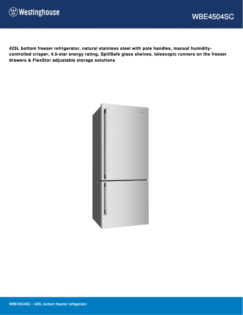 Page 1 of the manual Technical Sheet Westinghouse WBE4504SC