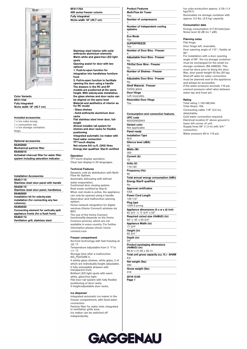 Page 1 of the manual Technical Sheet Gaggenau RF411704
