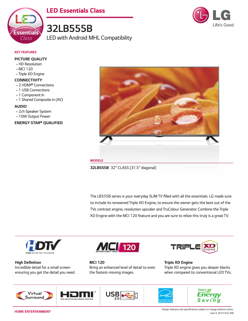 Page 1 de la notice Fiche technique LG 32LB555B