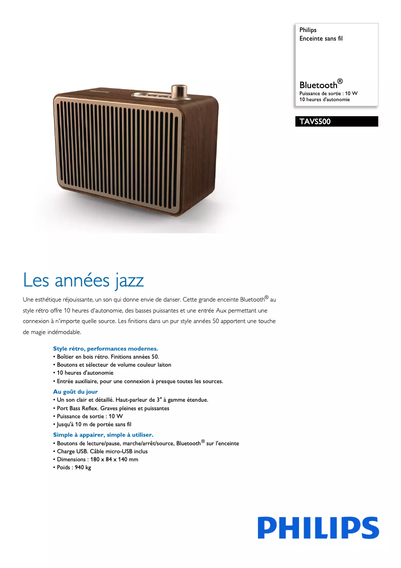 Page 1 of the manual Technical Sheet Philips TAVS500