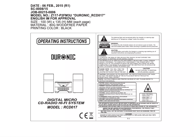 Page 1 de la notice Manuel utilisateur Duronic RCD017