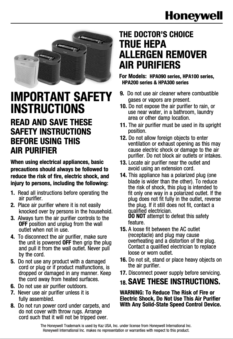 Page 1 de la notice Manuel utilisateur Honeywell HPA104