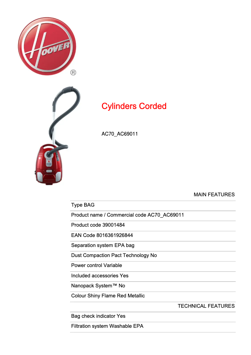 Page 1 de la notice Fiche technique Hoover AC73_AC20011