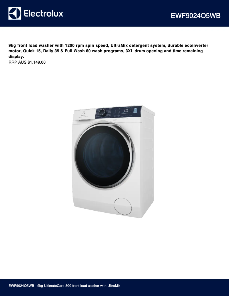 Page 1 de la notice Fiche technique Electrolux EWF9024Q5WB