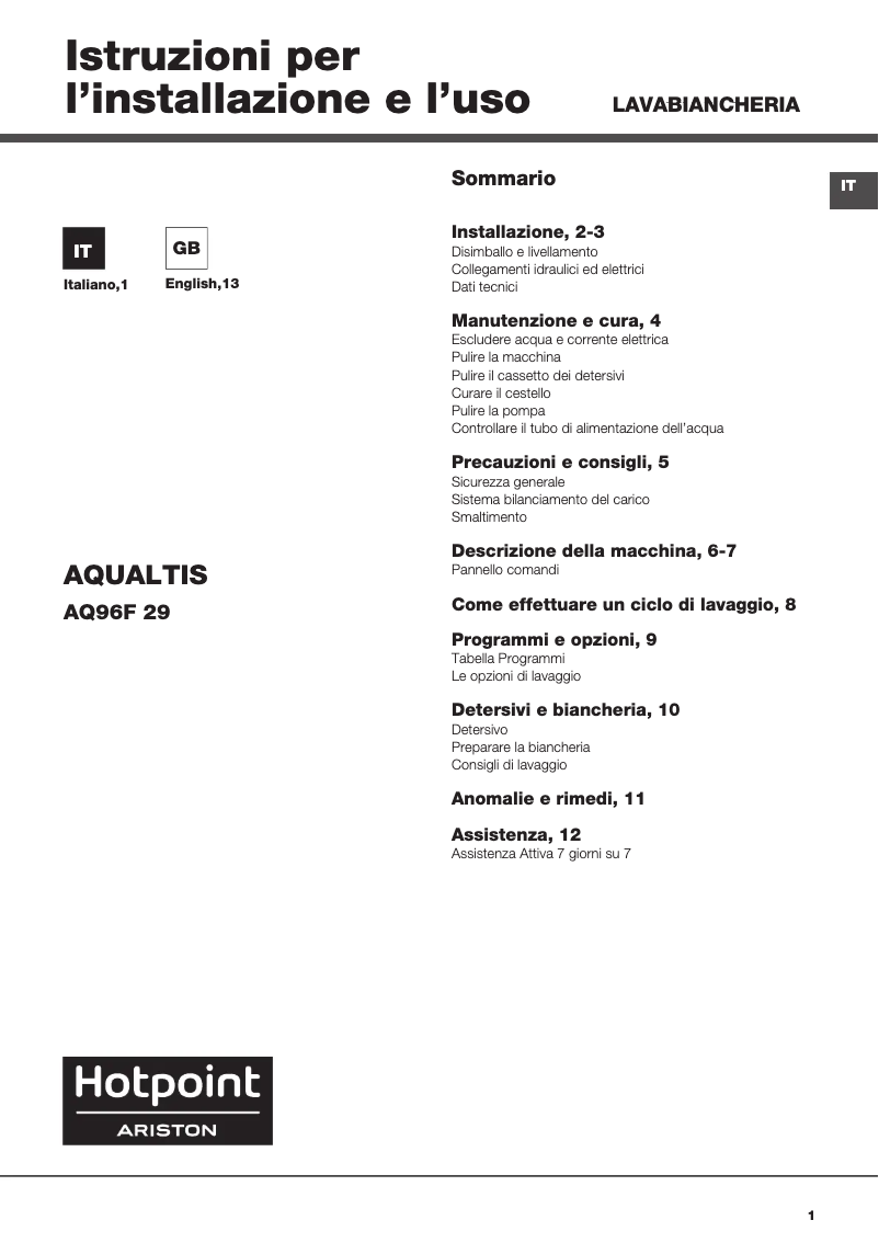 Page 1 de la notice Manuel utilisateur Hotpoint AQ96F 29 IT