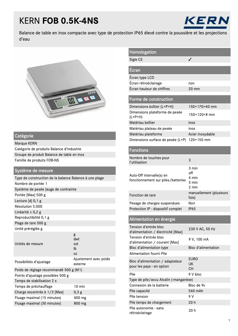 Page 1 de la notice Fiche technique Kern FOB 0.5K-4NS
