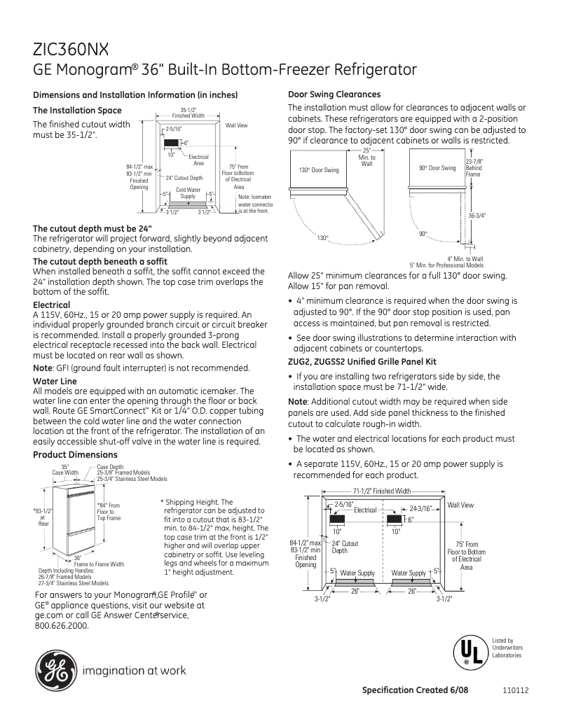 Page 1 de la notice Fiche technique GE ZIC360NXRH