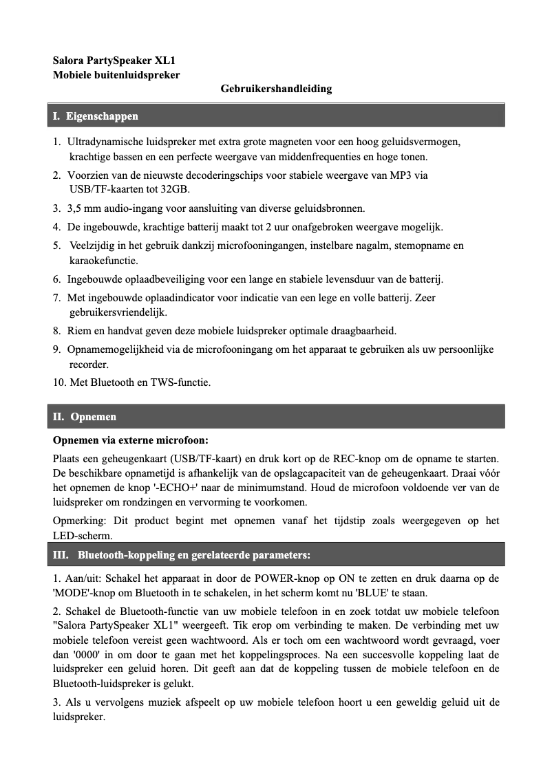 Page 1 de la notice Manuel utilisateur Salora PartySpeaker XL1