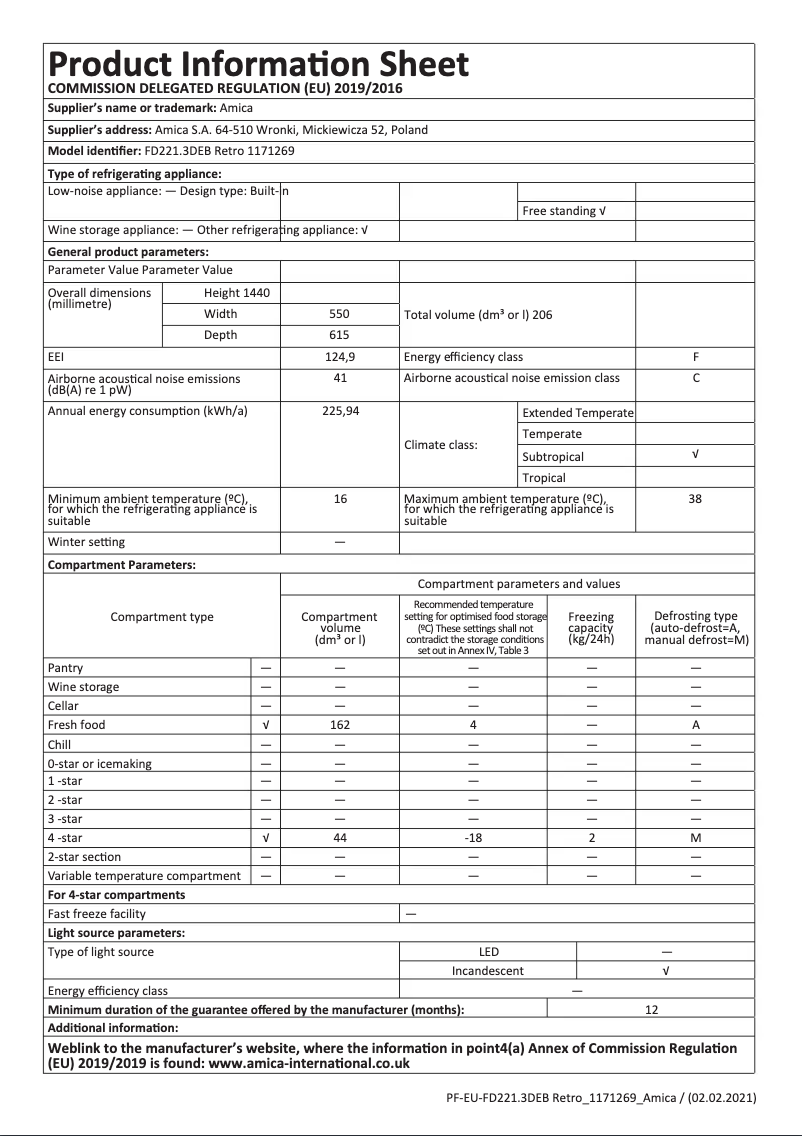 Page 1 of the manual Technical Sheet Amica FDR2213DB