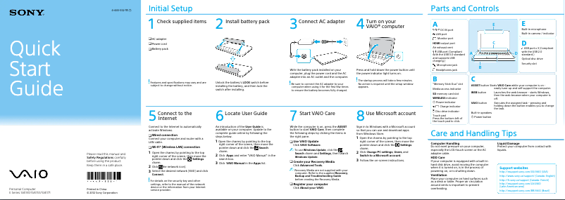Page 1 de la notice Guide d'installation Sony Vaio SVE14118FXP