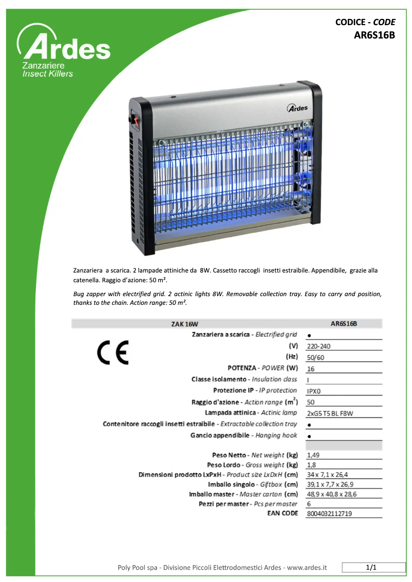 Page 1 de la notice Fiche technique Ardes AR6S16B