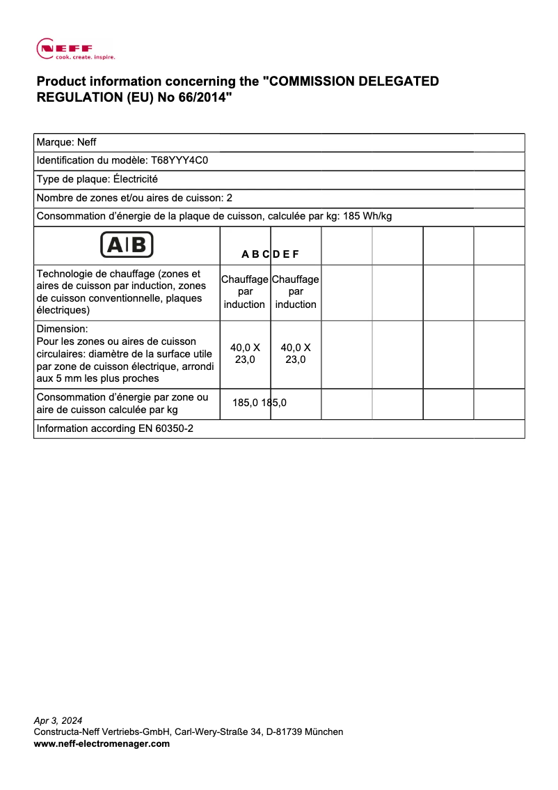 Page 1 of the manual Energy Label Neff T68YYY4C0