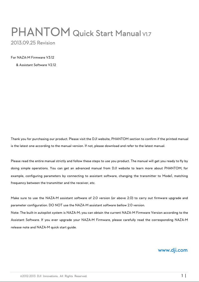 Page 1 de la notice Guide de démarrage rapide DJI Phantom 1
