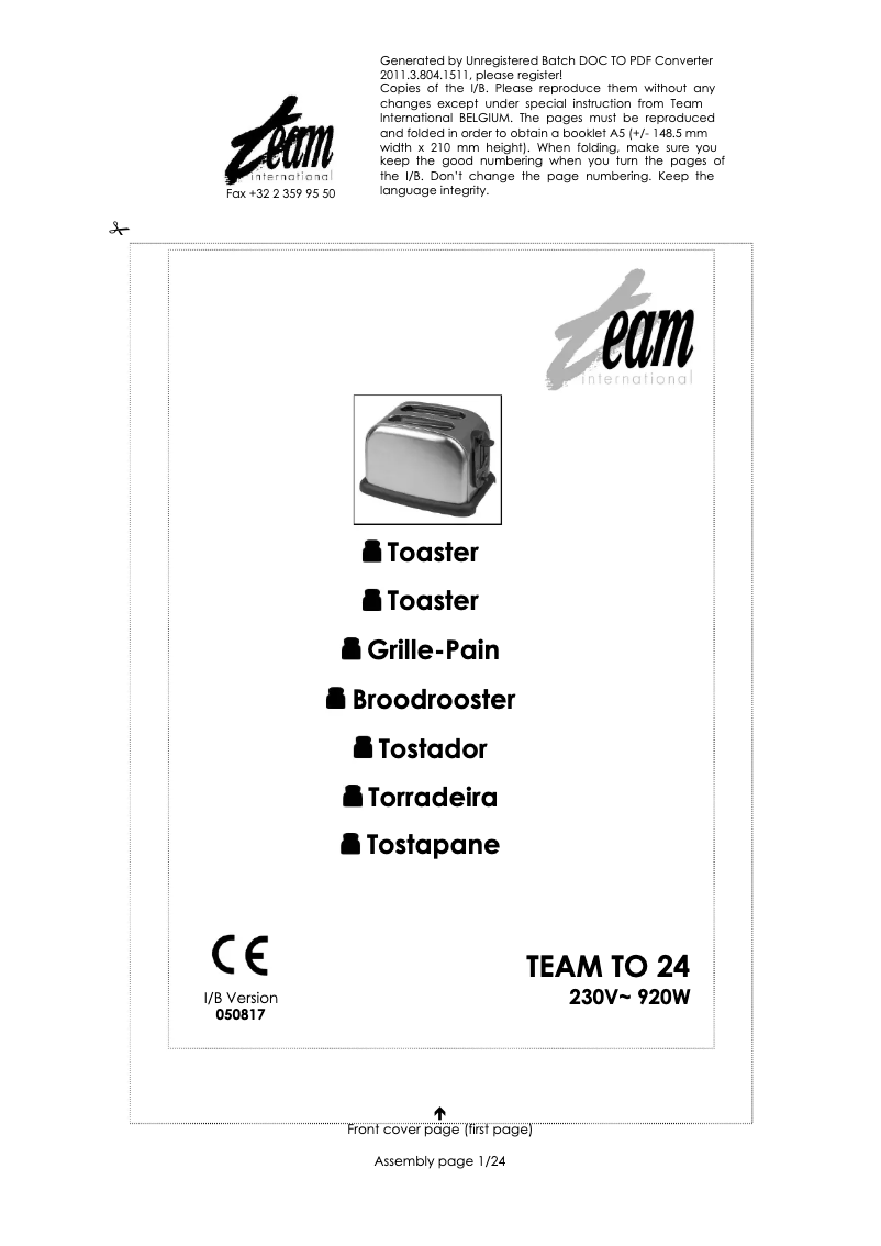 Page 1 de la notice Manuel utilisateur Team TO 24