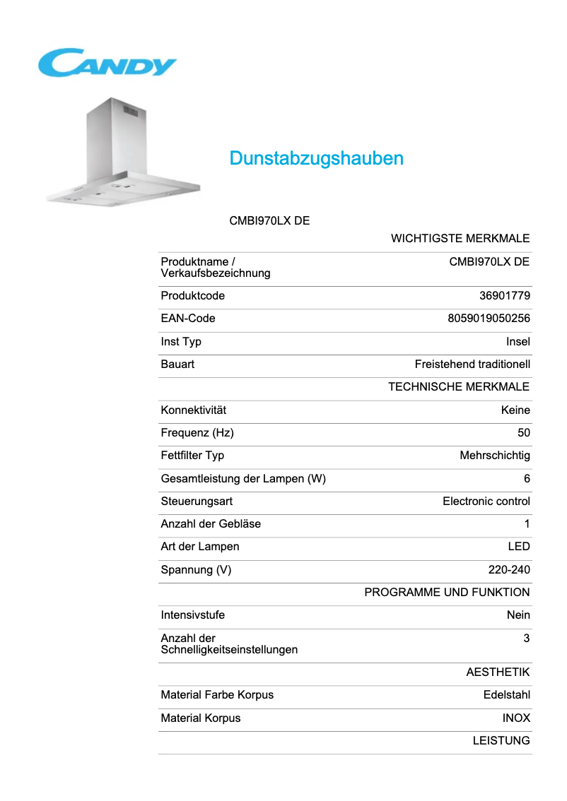 Página 1 del manual Ficha técnica Candy CMBI970LX