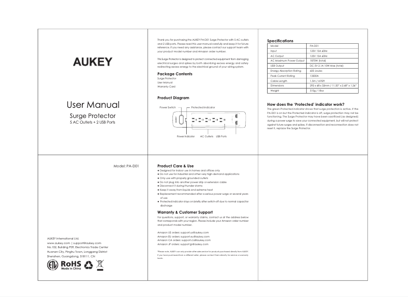 Page 1 de la notice Manuel utilisateur Aukey PA-D02