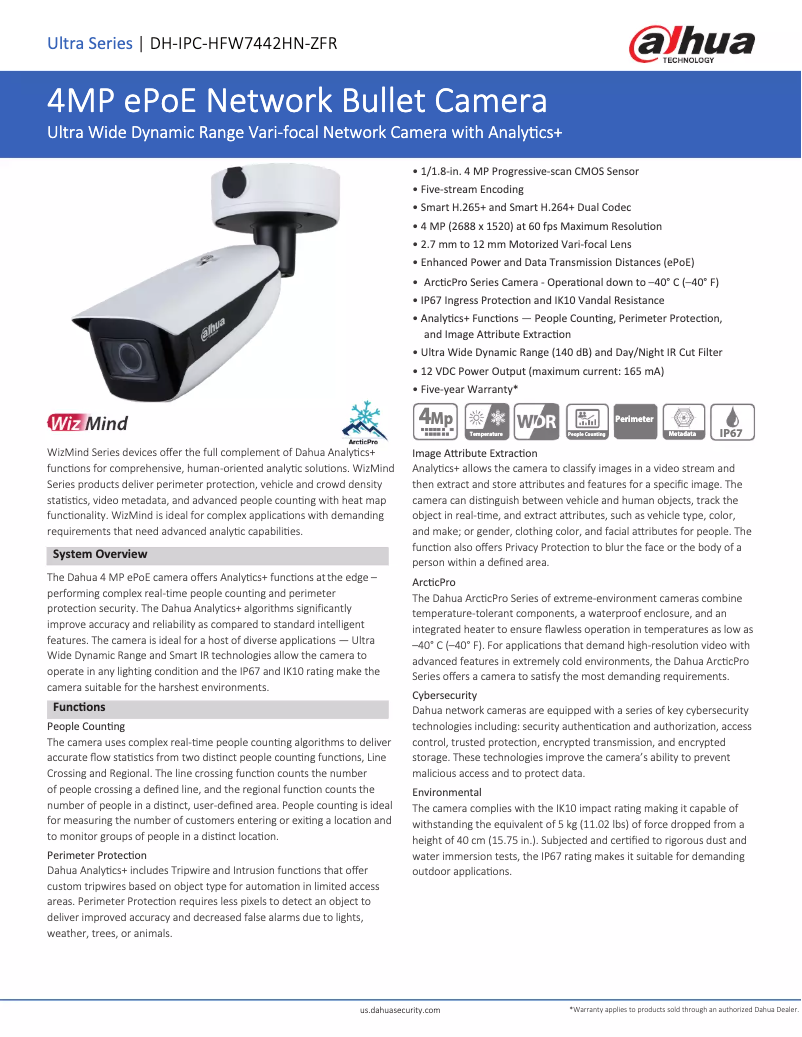 Page 1 de la notice Fiche technique Dahua Technology DH-IPC-HFW7442HN-ZFR