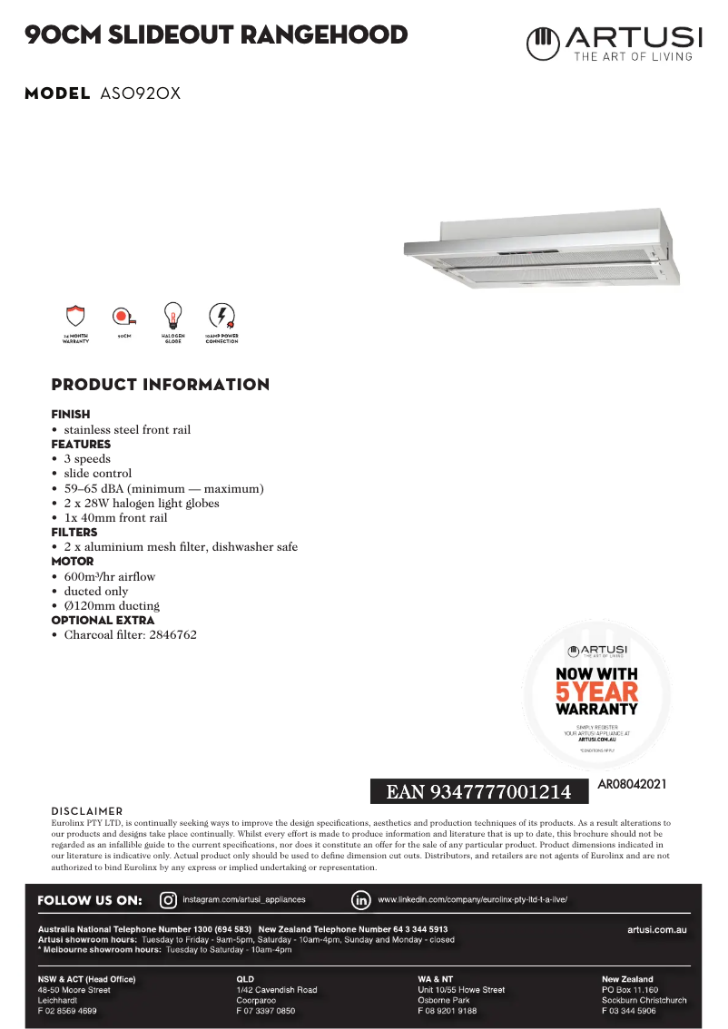 Page 1 de la notice Fiche technique Artusi Slideout ASO920X