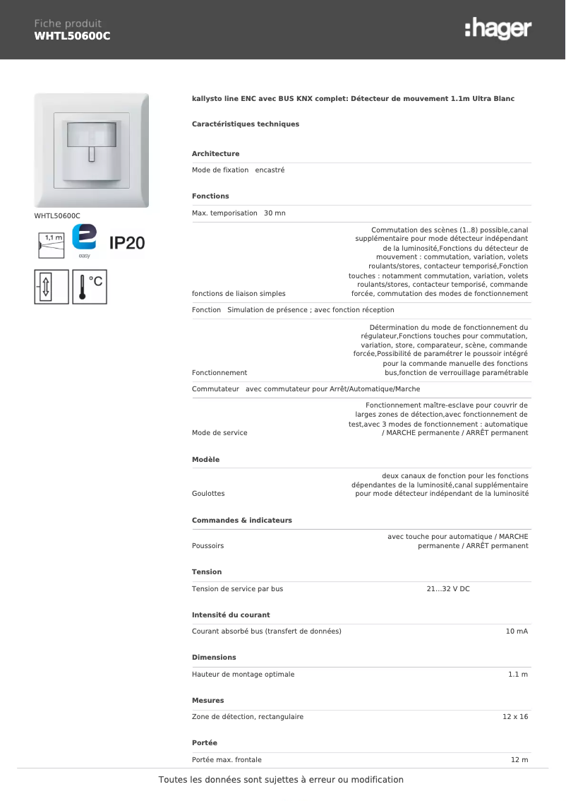 Page 1 de la notice Fiche technique Hager WHTL50600C