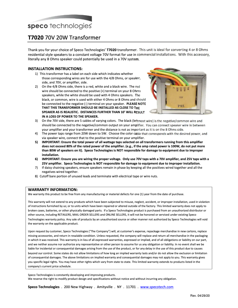 Page 1 de la notice Manuel utilisateur Speco Technologies T7020