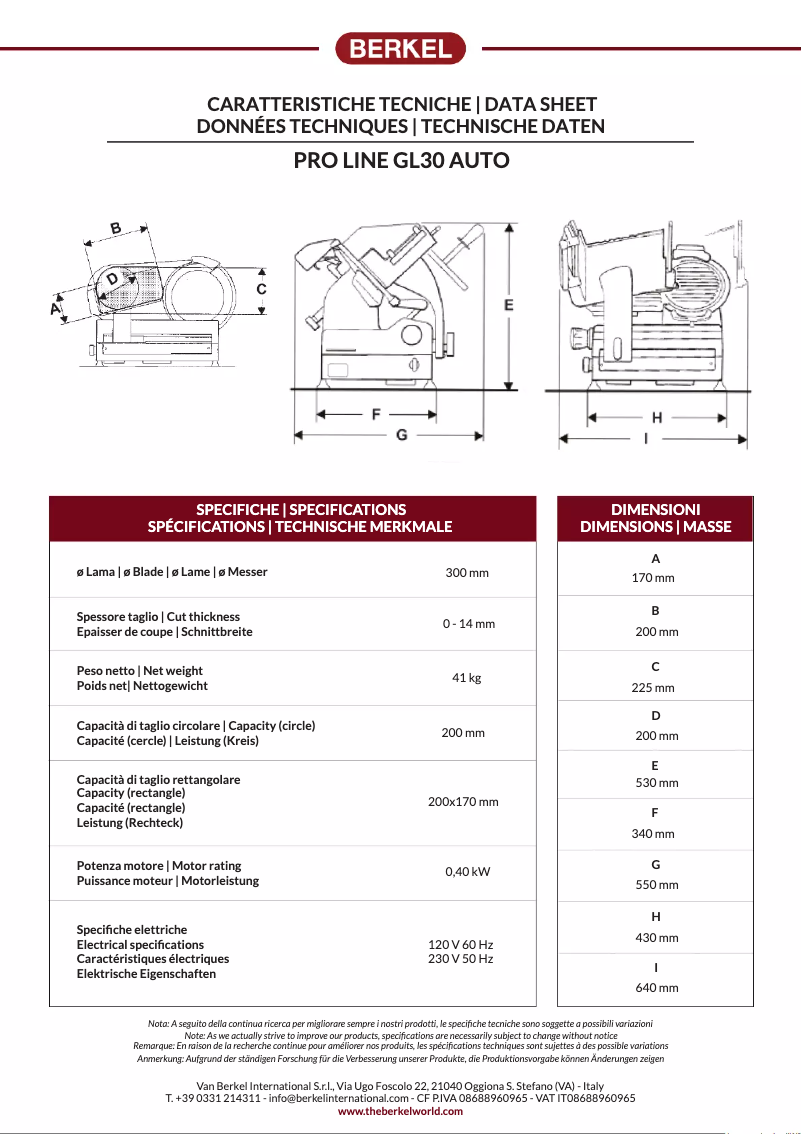 Page 1 de la notice Fiche technique Berkel Pro Line GL30 Auto