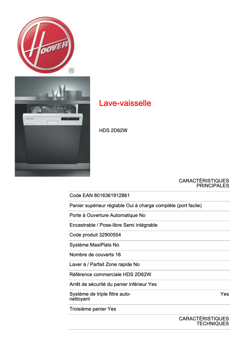 Page 1 de la notice Fiche technique Hoover Dynamic Mega HDS 2D62W