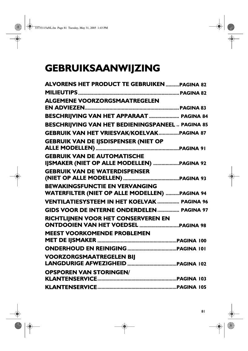 Page 1 de la notice Manuel utilisateur Whirlpool S 20 ERWW