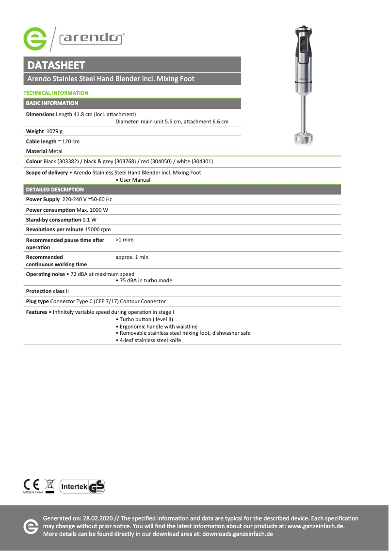 Page 1 de la notice Fiche technique Arendo Mano 305383