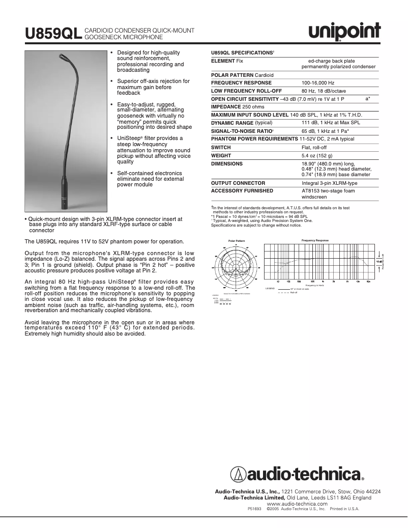 Page 1 de la notice Fiche technique Audio-Technica U859QL