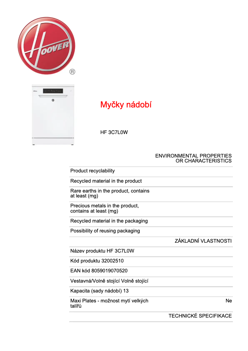 Page 1 de la notice Fiche technique Hoover HF 3C7L0W