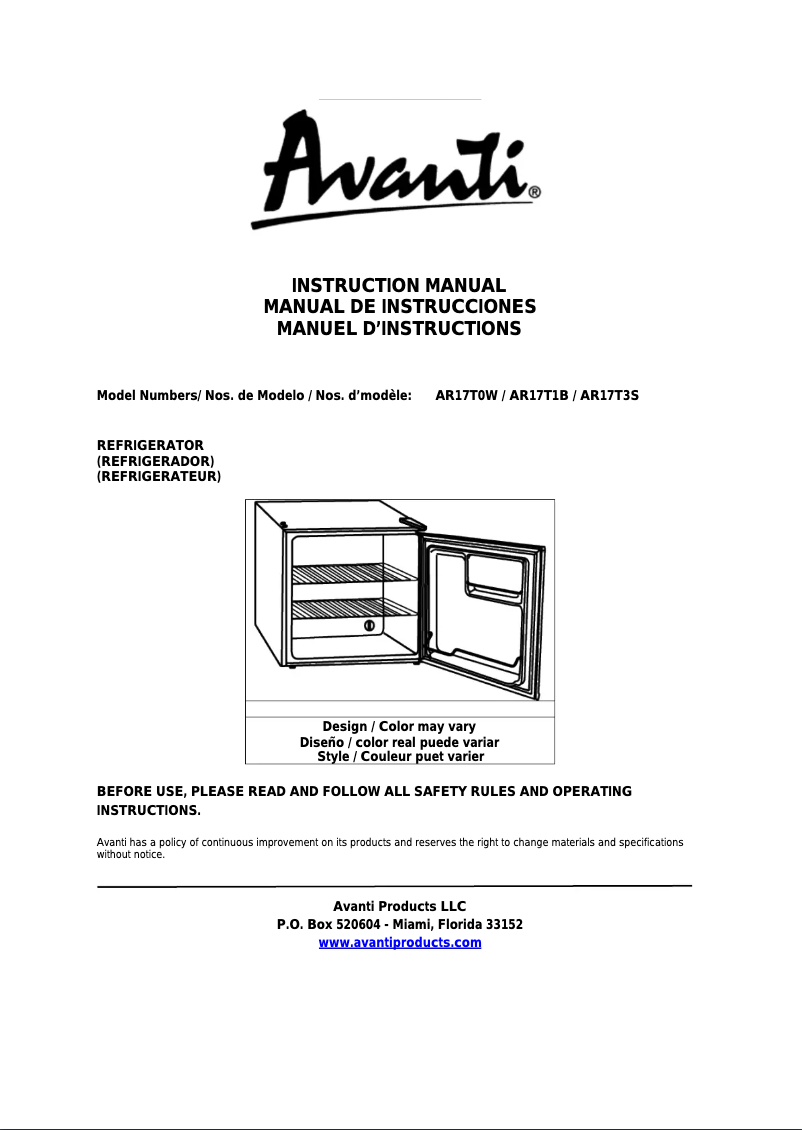 Page 1 de la notice Manuel utilisateur Avanti AR17T0WIS