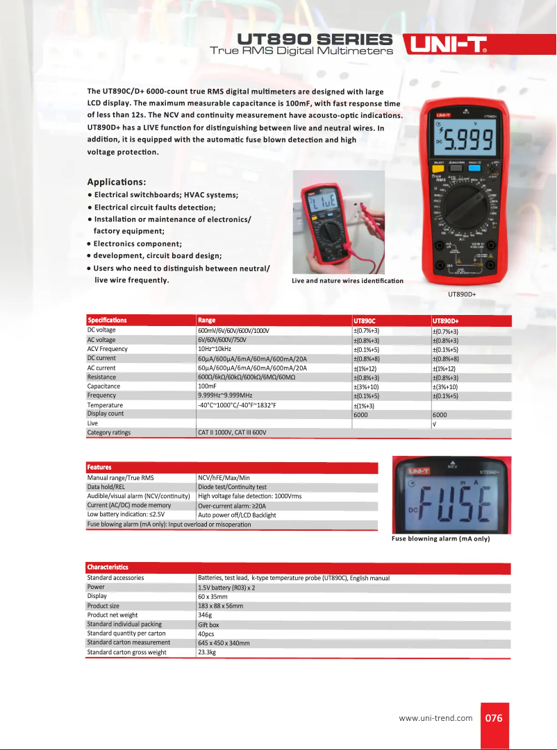 Page 1 of the manual Technical Sheet Uni-T UT890D+
