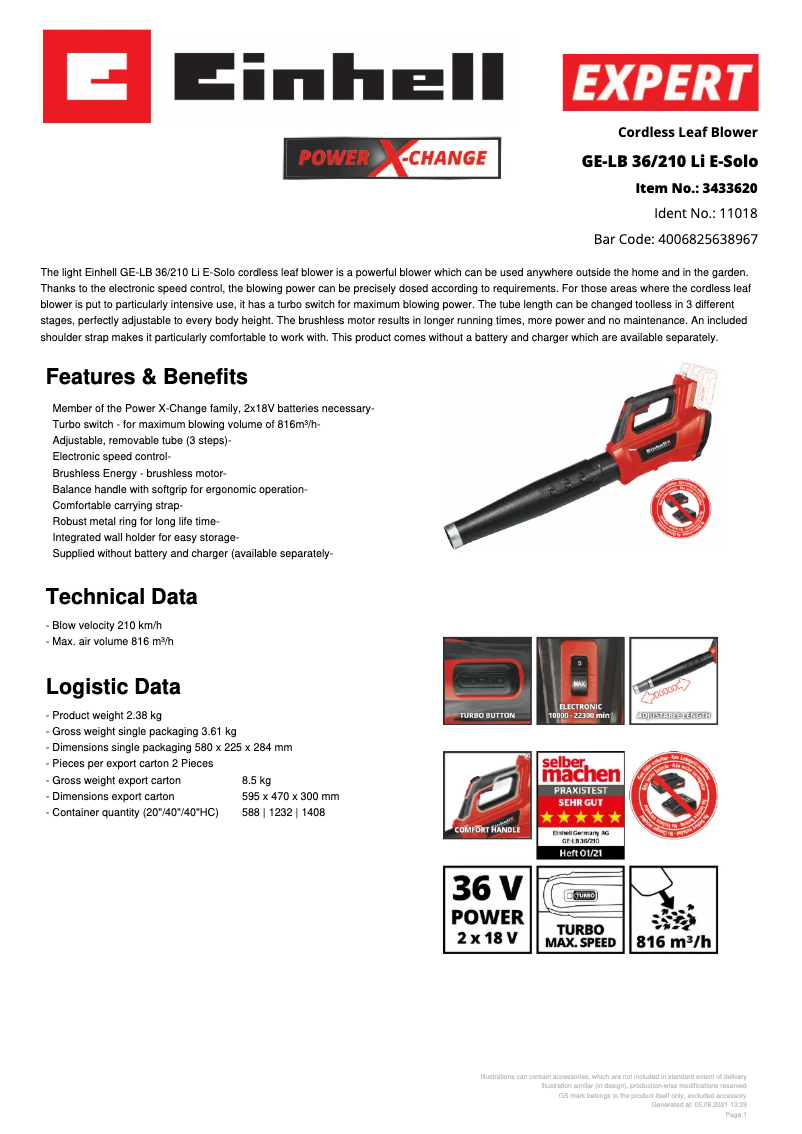 Página 1 del manual Ficha técnica Einhell GE-LB 36/210 Li E-Solo