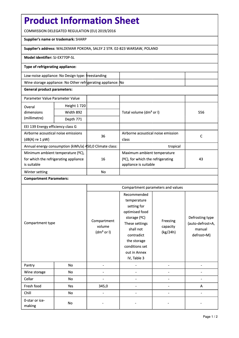 Page n°1 - Manuel utilisateur Sharp SJ-EX770P-SL