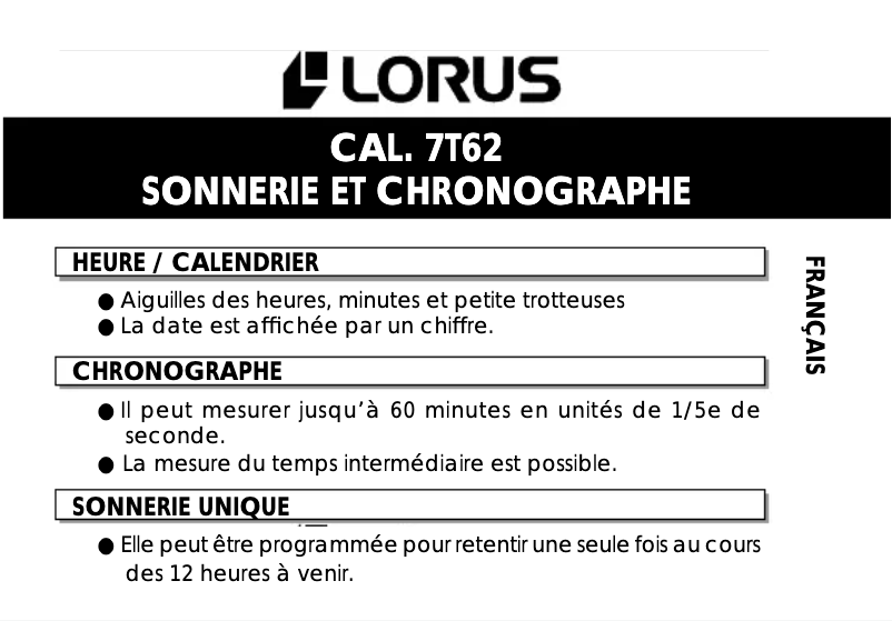 Page 1 de la notice Manuel utilisateur Lorus YM62