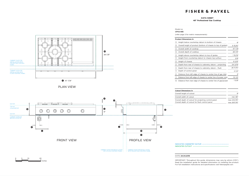 Página 1 del manual Ficha técnica Fisher & Paykel CPV2-485GDL