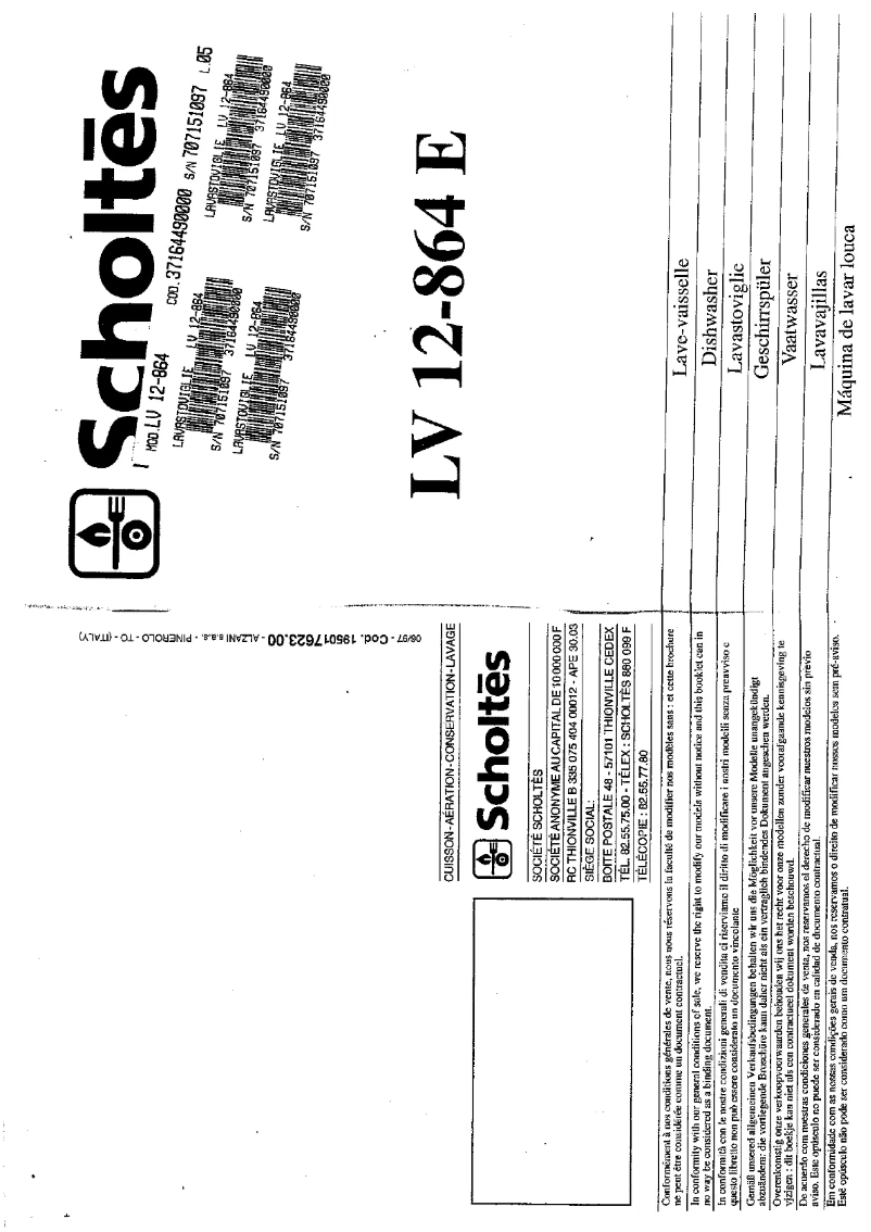 Page 1 de la notice Manuel utilisateur Scholtès LV 12-864 E