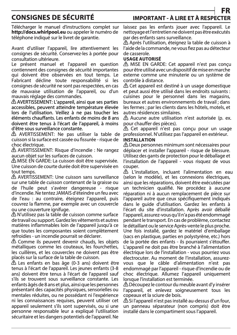 Page 1 de la notice Manuel utilisateur Whirlpool WF S3977 NE