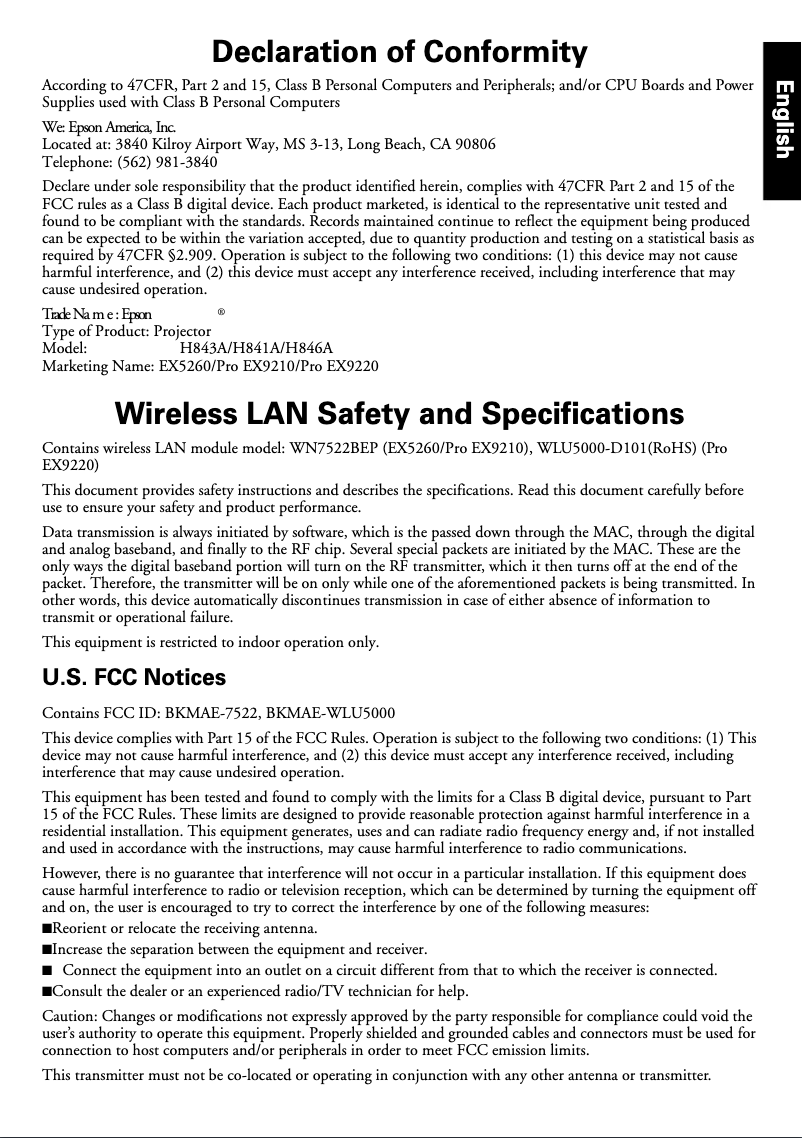 Página 1 del manual Información de garantía Epson Pro EX9210