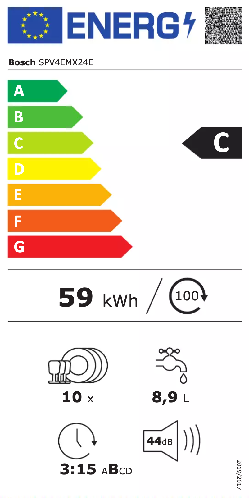 Page 1 de la notice Label énergétique Bosch SPV4EMX24E