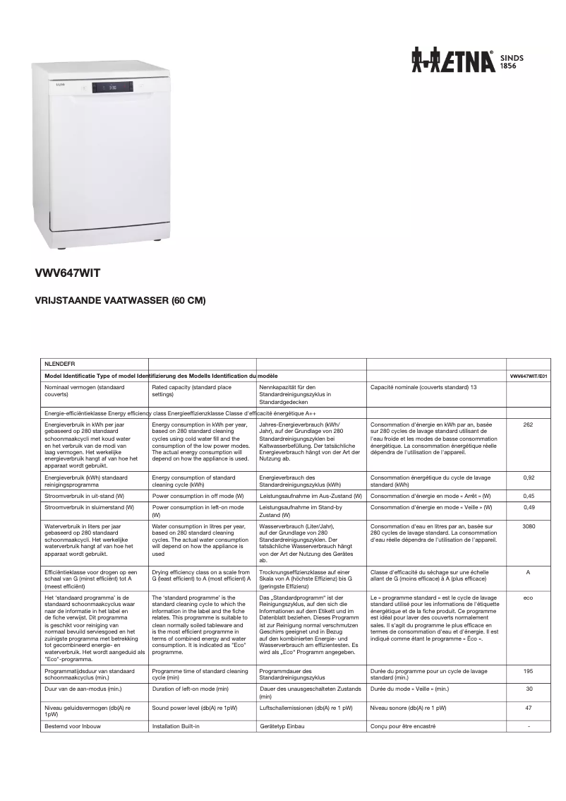 Página 1 del manual Ficha técnica Etna VWV647WIT