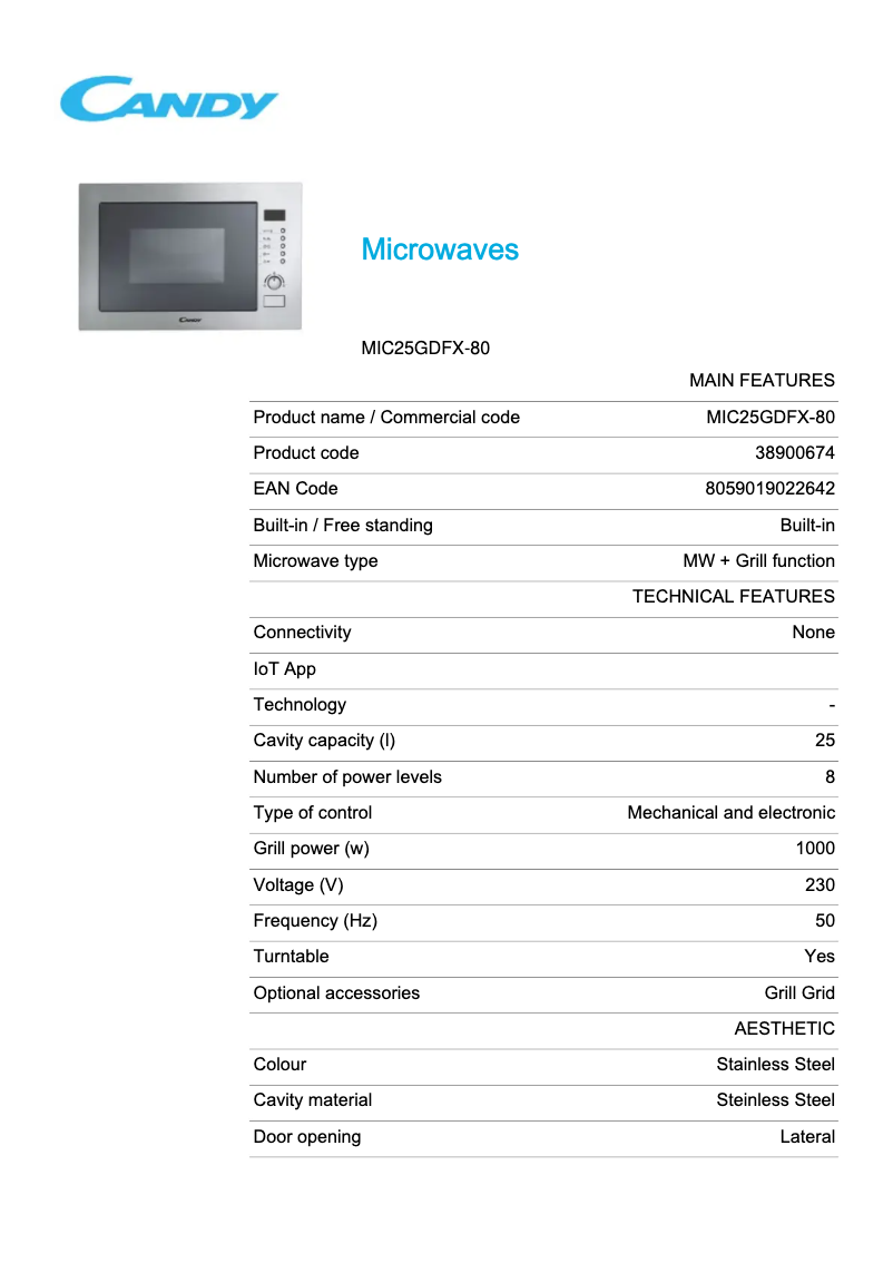 Page 1 of the manual Technical Sheet Candy MIC25GDFX-80