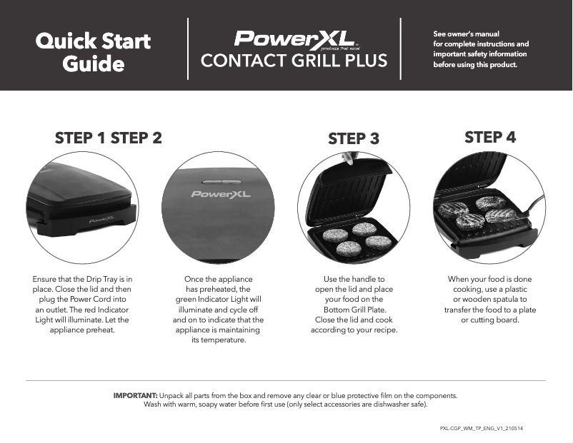 Page 1 de la notice Guide de démarrage rapide PowerXL Contact Grill Plus TXG-603