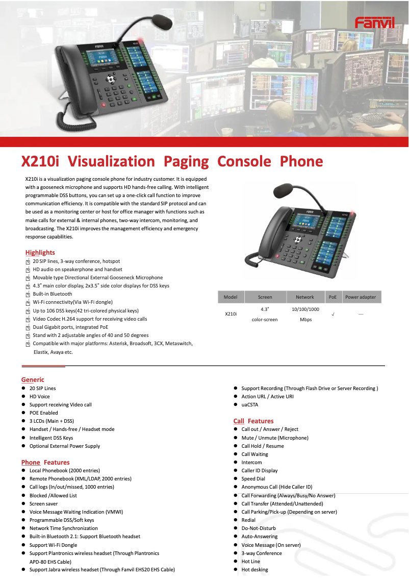 Page 1 of the manual Technical Sheet Fanvil X210i